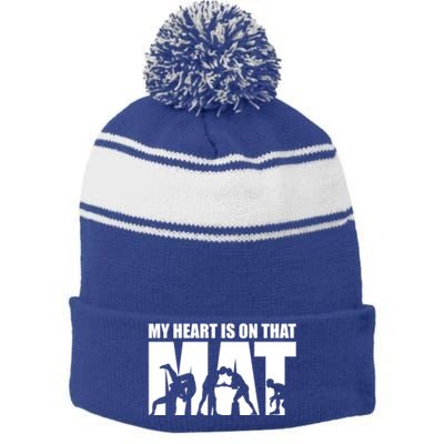 Wrestling Mother My Heart Is On That Mat Wrestling Gift Stripe Pom Pom Beanie