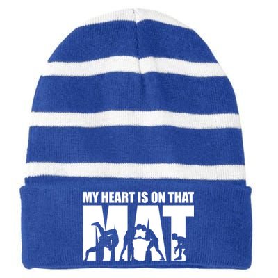 Wrestling Mother My Heart Is On That Mat Wrestling Gift Striped Beanie with Solid Band