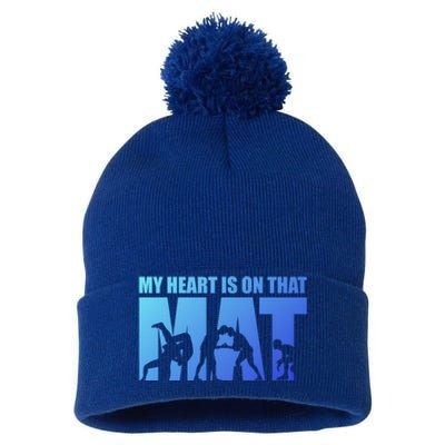 Wrestling Mother My Heart Is On That Mat Wrestling Gift Pom Pom 12in Knit Beanie