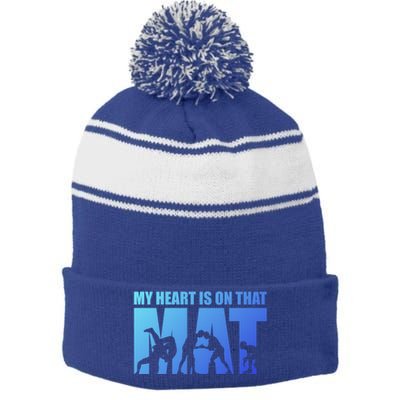 Wrestling Mother My Heart Is On That Mat Wrestling Gift Stripe Pom Pom Beanie