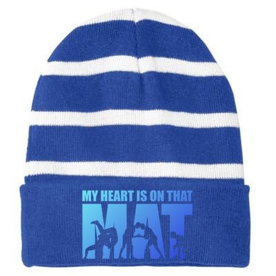 Wrestling Mother My Heart Is On That Mat Wrestling Gift Striped Beanie with Solid Band