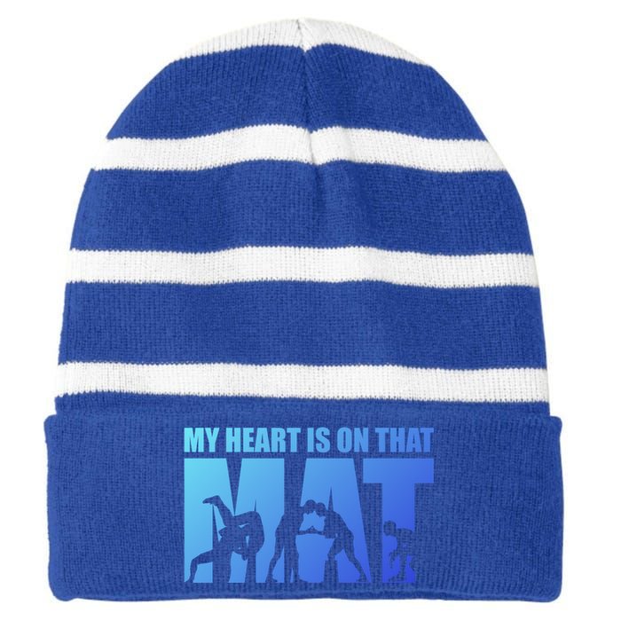 Wrestling Mother My Heart Is On That Mat Wrestling Gift Striped Beanie with Solid Band