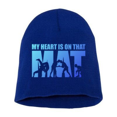 Wrestling Mother My Heart Is On That Mat Wrestling Gift Short Acrylic Beanie