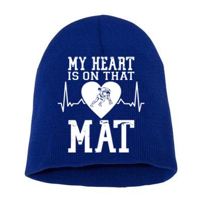 Wrestling Mother My Heart Is On That Mat Wrestling Funny Gift Short Acrylic Beanie