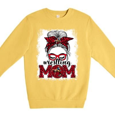 Wrestling Mom Mother's Day Game Day Messy Bun Leopard Gift Premium Crewneck Sweatshirt