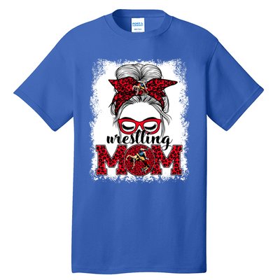 Wrestling Mom Mother's Day Game Day Messy Bun Leopard Gift Tall T-Shirt