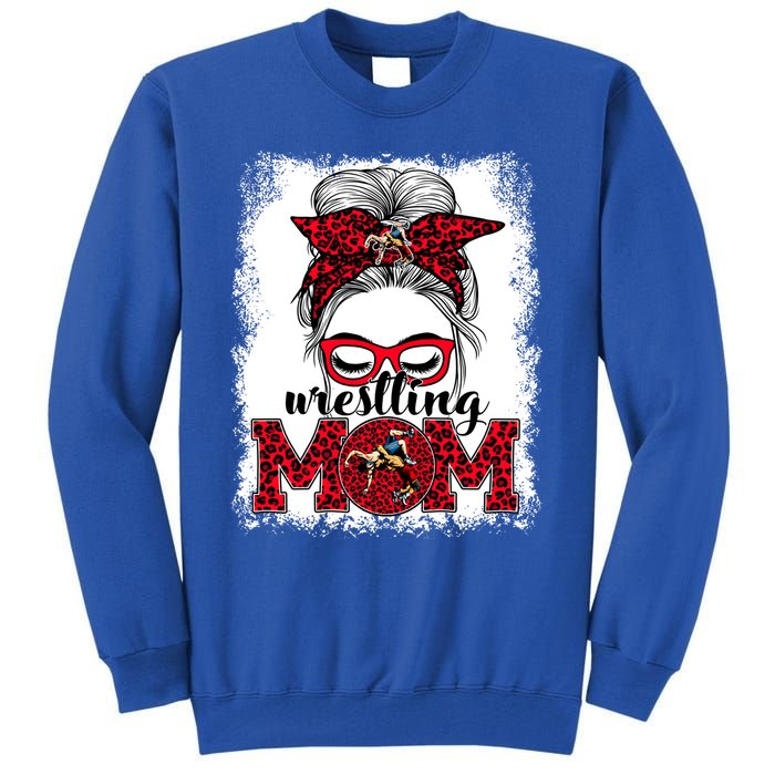 Wrestling Mom Mother's Day Game Day Messy Bun Leopard Gift Tall Sweatshirt