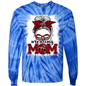 Wrestling Mom Mother's Day Game Day Messy Bun Leopard Gift Tie-Dye Long Sleeve Shirt