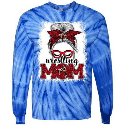 Wrestling Mom Mother's Day Game Day Messy Bun Leopard Gift Tie-Dye Long Sleeve Shirt