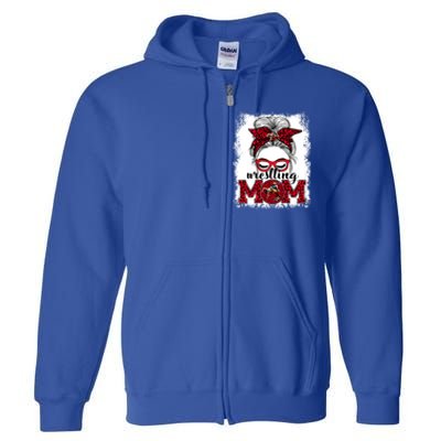 Wrestling Mom Mother's Day Game Day Messy Bun Leopard Gift Full Zip Hoodie