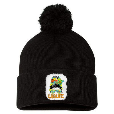Women Mystery Machine Of Diagnostics Lab Week 2025 Messy Bun Gift Pom Pom 12in Knit Beanie