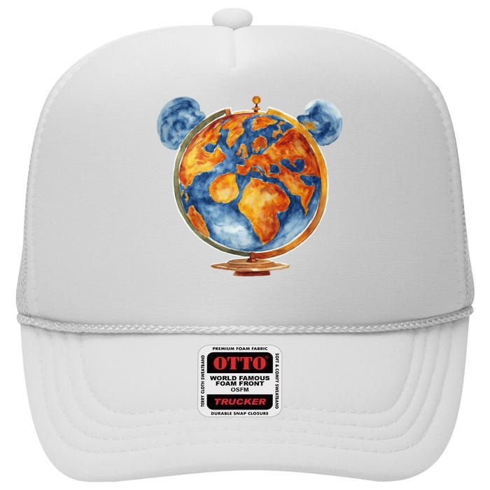 Watercolor Mickey Mouse Earth World Globe High Crown Mesh Back Trucker Hat