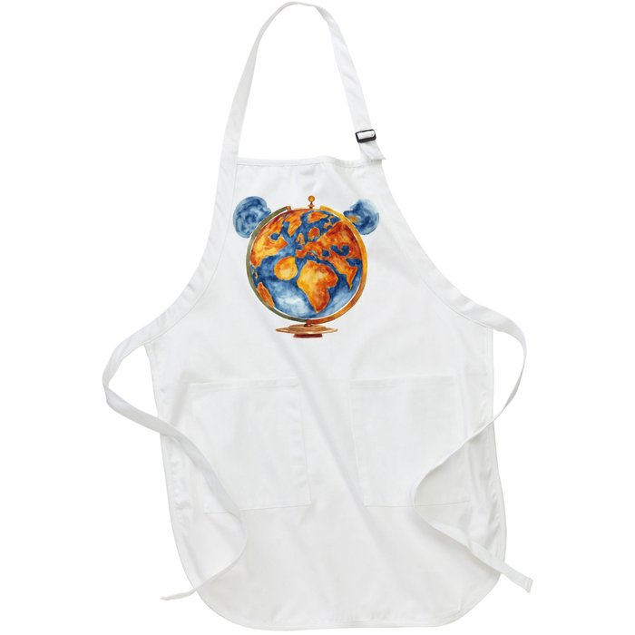 Watercolor Mickey Mouse Earth World Globe Full-Length Apron With Pockets