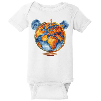 Watercolor Mickey Mouse Earth World Globe Baby Bodysuit