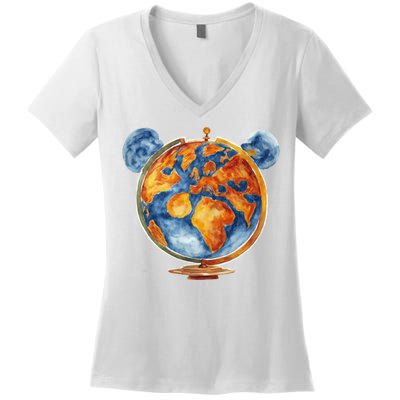 Watercolor Mickey Mouse Earth World Globe Women's V-Neck T-Shirt