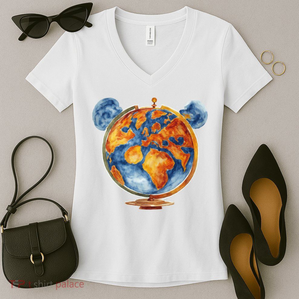 Watercolor Mickey Mouse Earth World Globe Women's V-Neck T-Shirt
