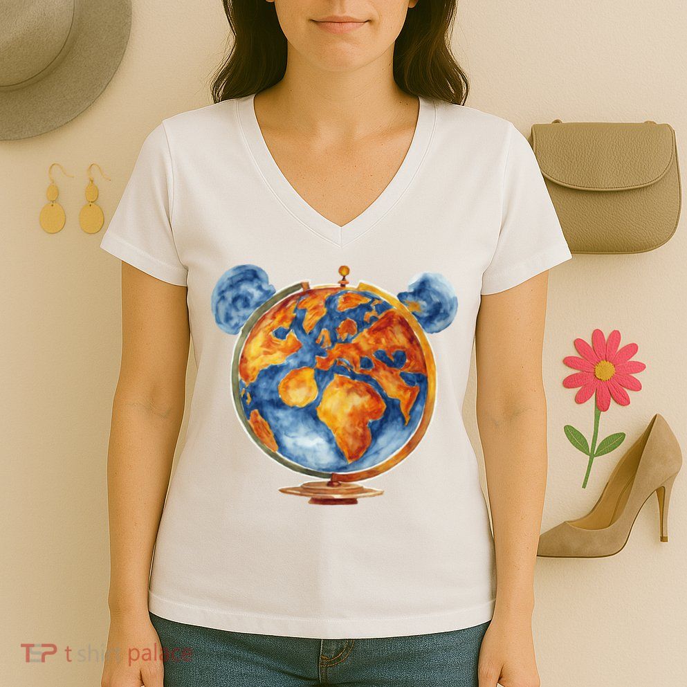 Watercolor Mickey Mouse Earth World Globe Women's V-Neck T-Shirt