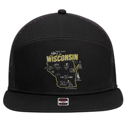 Wisconsin Map Of Memorable Spots 7 Panel Mesh Trucker Snapback Hat