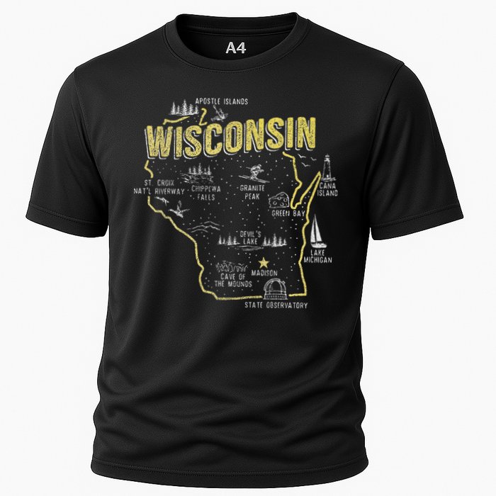 Wisconsin Map Of Memorable Spots Cooling Performance Crew T-Shirt