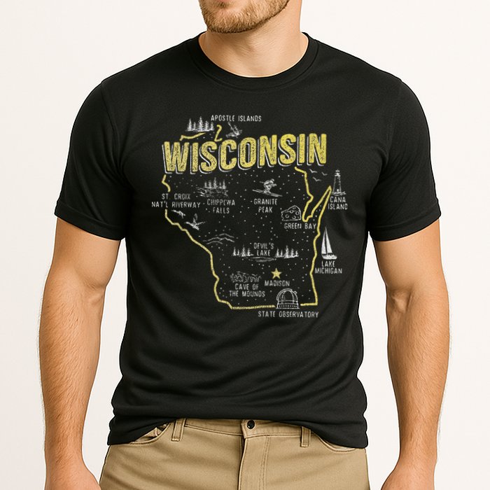 Wisconsin Map Of Memorable Spots Cooling Performance Crew T-Shirt