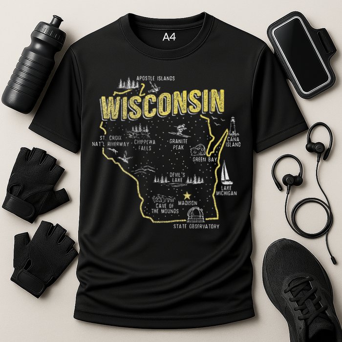 Wisconsin Map Of Memorable Spots Cooling Performance Crew T-Shirt