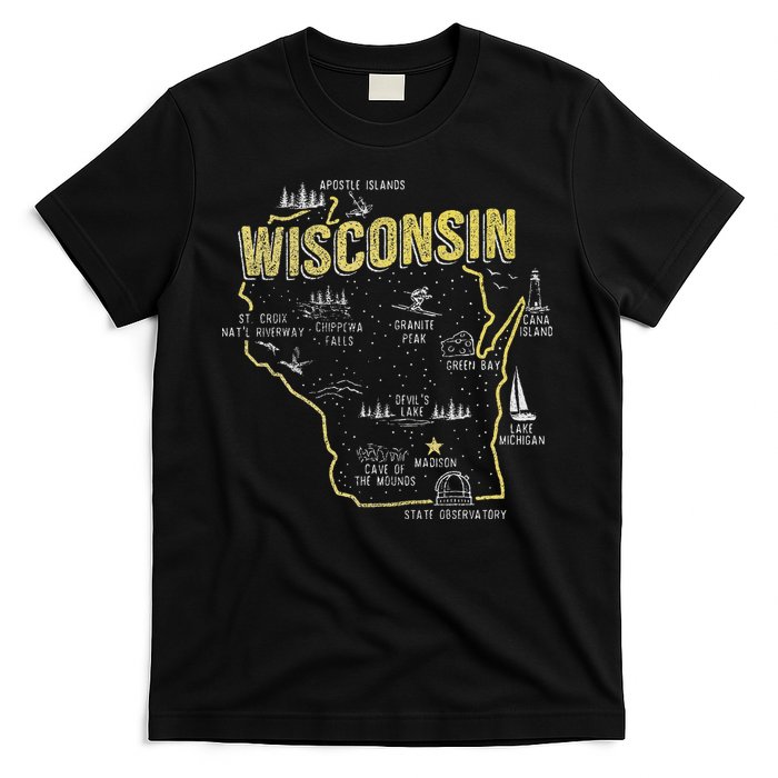 Wisconsin Map Of Memorable Spots T-Shirt