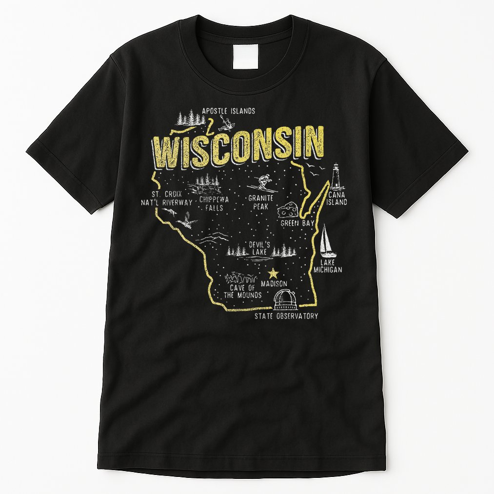 Wisconsin Map Of Memorable Spots Tall T-Shirt