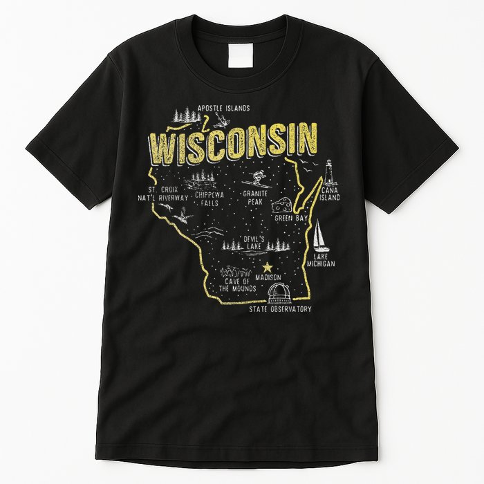 Wisconsin Map Of Memorable Spots Tall T-Shirt