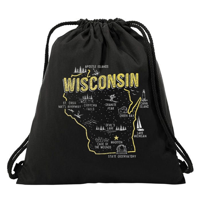 Wisconsin Map Of Memorable Spots Drawstring Bag