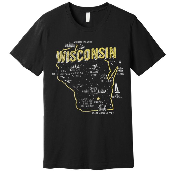 Wisconsin Map Of Memorable Spots Premium T-Shirt