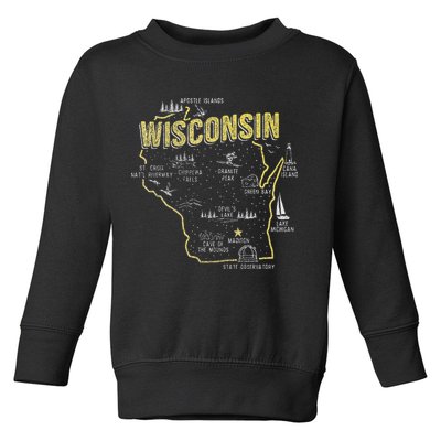 Wisconsin Map Of Memorable Spots Toddler Sweatshirt