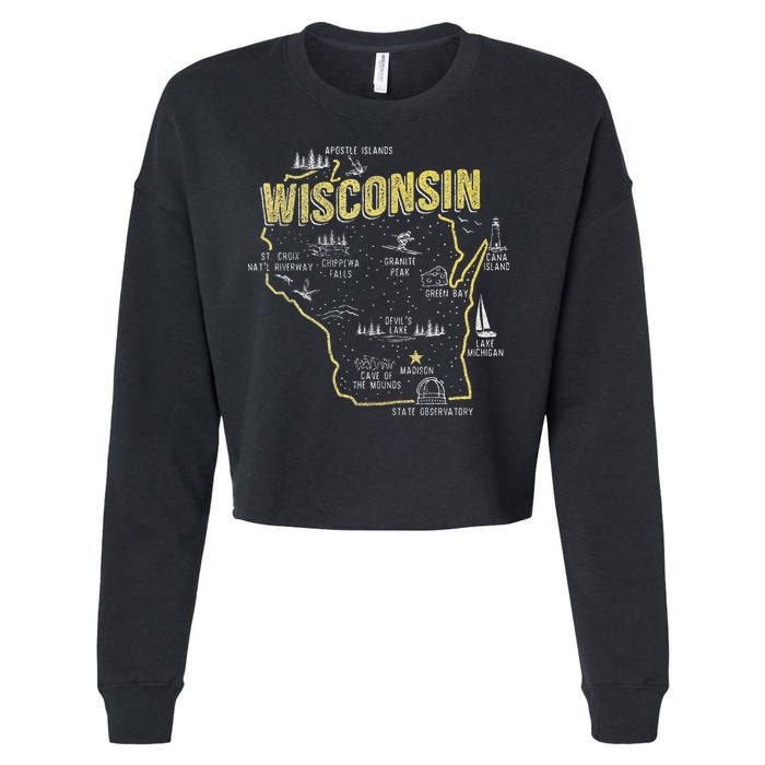 Wisconsin Map Of Memorable Spots Cropped Pullover Crew