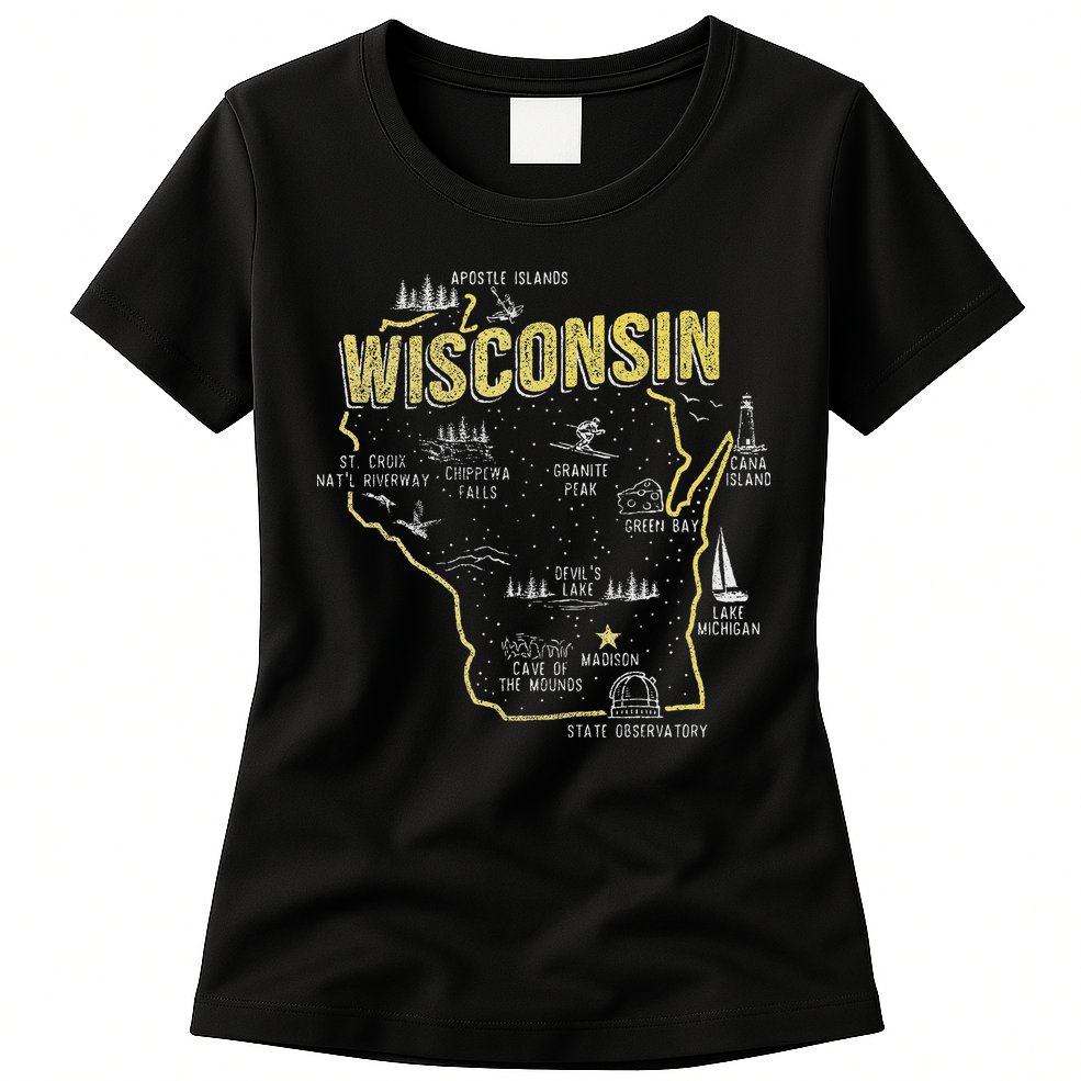 Wisconsin Map Of Memorable Spots Womens T-Shirt