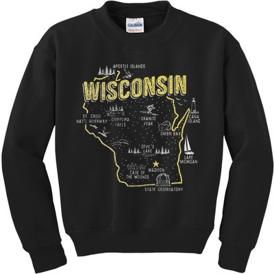 Wisconsin Map Of Memorable Spots Kids Sweatshirt