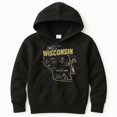 Wisconsin Map Of Memorable Spots Kids Hoodie