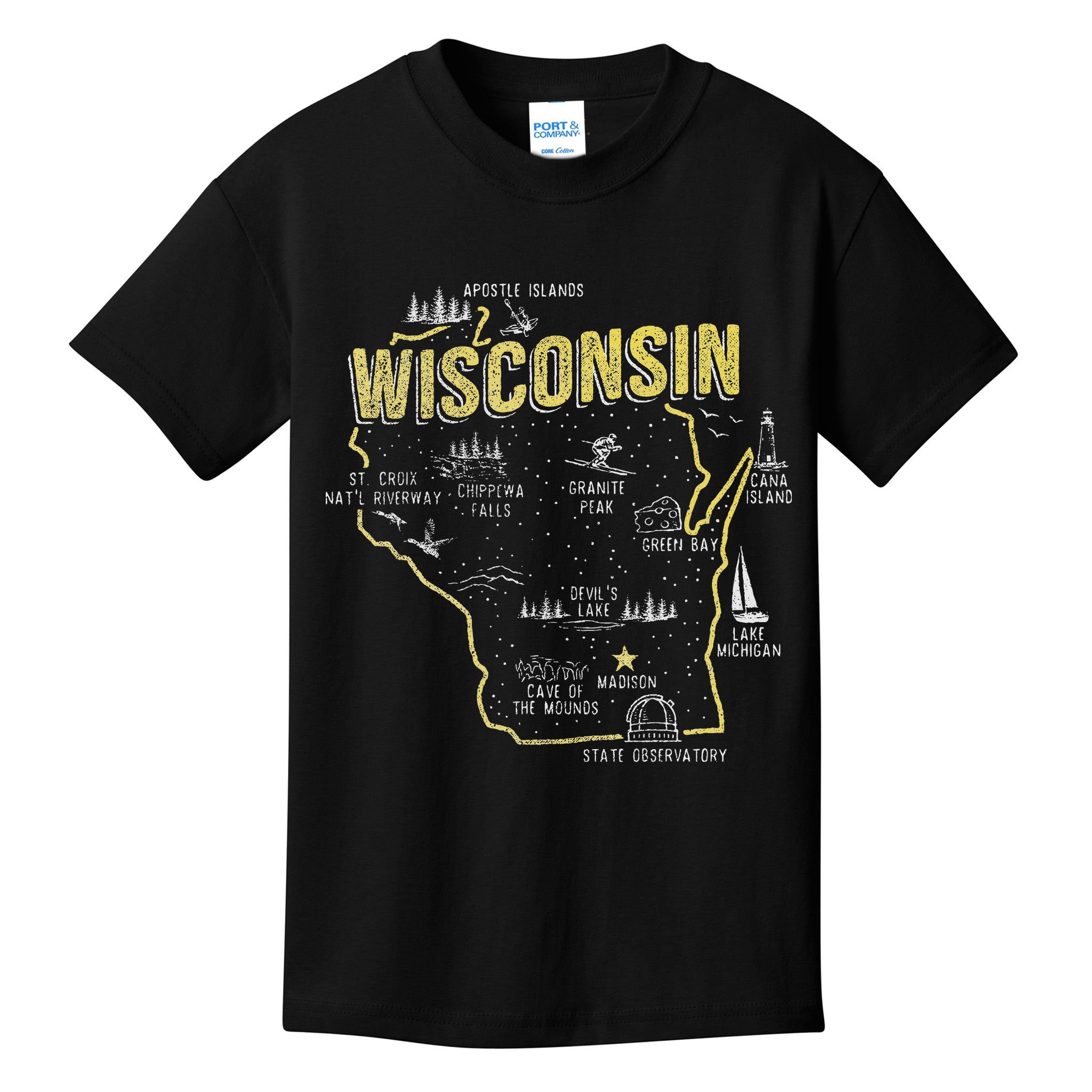 Wisconsin Map Of Memorable Spots Kids T-Shirt