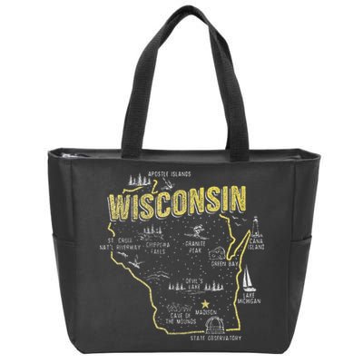 Wisconsin Map Of Memorable Spots Zip Tote Bag