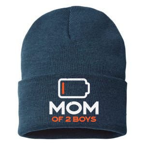 Womens Mom Of 2 Low Battery Funny Mothers Day Mama Mommy Women Sustainable Knit Beanie