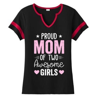 Wo Mom of 2 Girl Two Daughters Mother's Day Ladies Halftime Notch Neck Tee