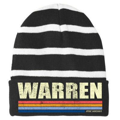 Warren Michigan Retro Style 1980's Logo Striped Beanie with Solid Band