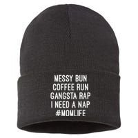 Womens Mom S Mom Life Messy Bun Coffee Run Gangsta Rap Nap Sustainable Knit Beanie