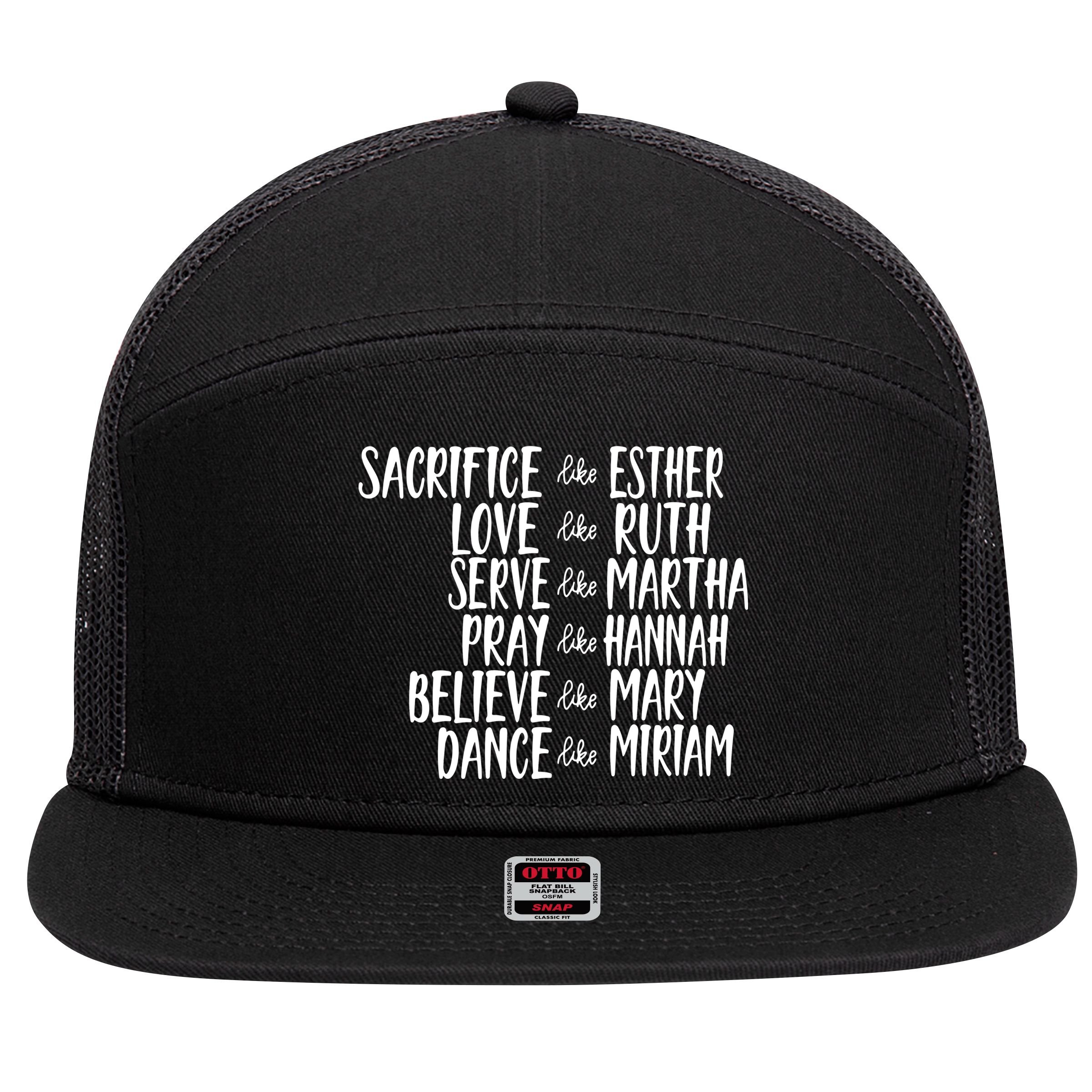 Womens Mens Sacrifice Like Esther Christian Bible Love Pray 7 Panel Mesh Trucker Snapback Hat