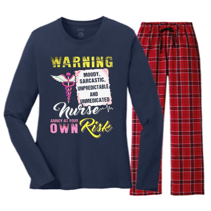 Warning Moody Sarcastic Unpredictable And Unmedicated Nurse Women's Long Sleeve Flannel Pajama Set 