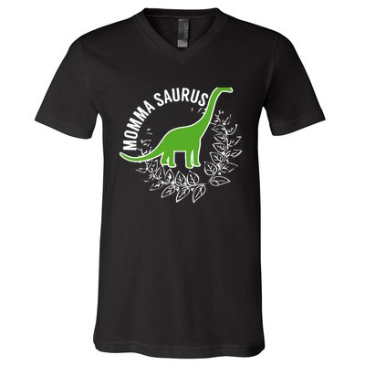 Wo Momma Saurus Dinosaur Mother's Day Gift V-Neck T-Shirt