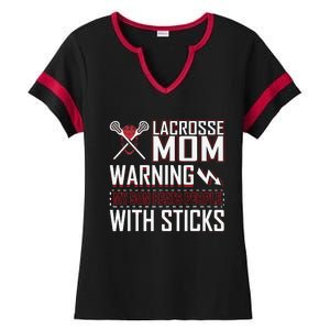 Warning My Son Beats People With Sticks Lacrosse Mom Ladies Halftime Notch Neck Tee