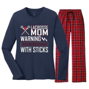 Warning My Son Beats People With Sticks Lacrosse Mom Women's Long Sleeve Flannel Pajama Set 