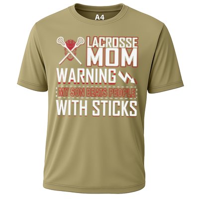 Warning My Son Beats People With Sticks Lacrosse Mom Cooling Performance Crew T-Shirt
