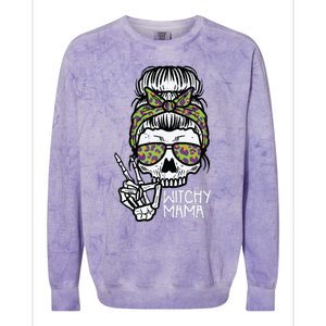 Witchy Mama Skull Leopard Bun Peace Hand Halloween Mom Women Colorblast Crewneck Sweatshirt