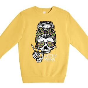 Witchy Mama Skull Leopard Bun Peace Hand Halloween Mom Women Premium Crewneck Sweatshirt