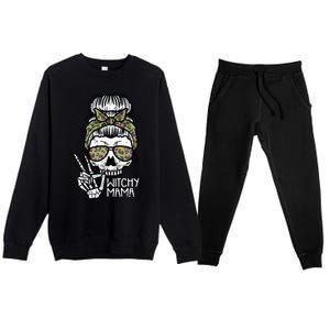 Witchy Mama Skull Leopard Bun Peace Hand Halloween Mom Women Premium Crewneck Sweatsuit Set